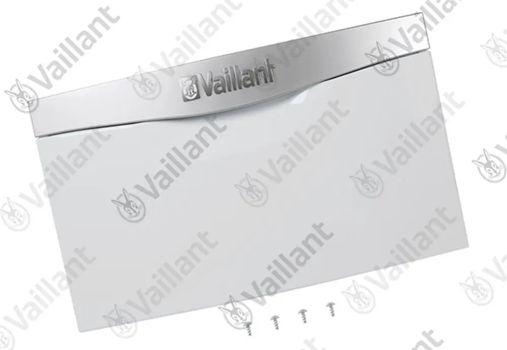 Vaillant Deckel in weiß mit silberner Blende, ausgestattet mit Schrauben für die Befestigung. Ideal für verschiedene Modelle.